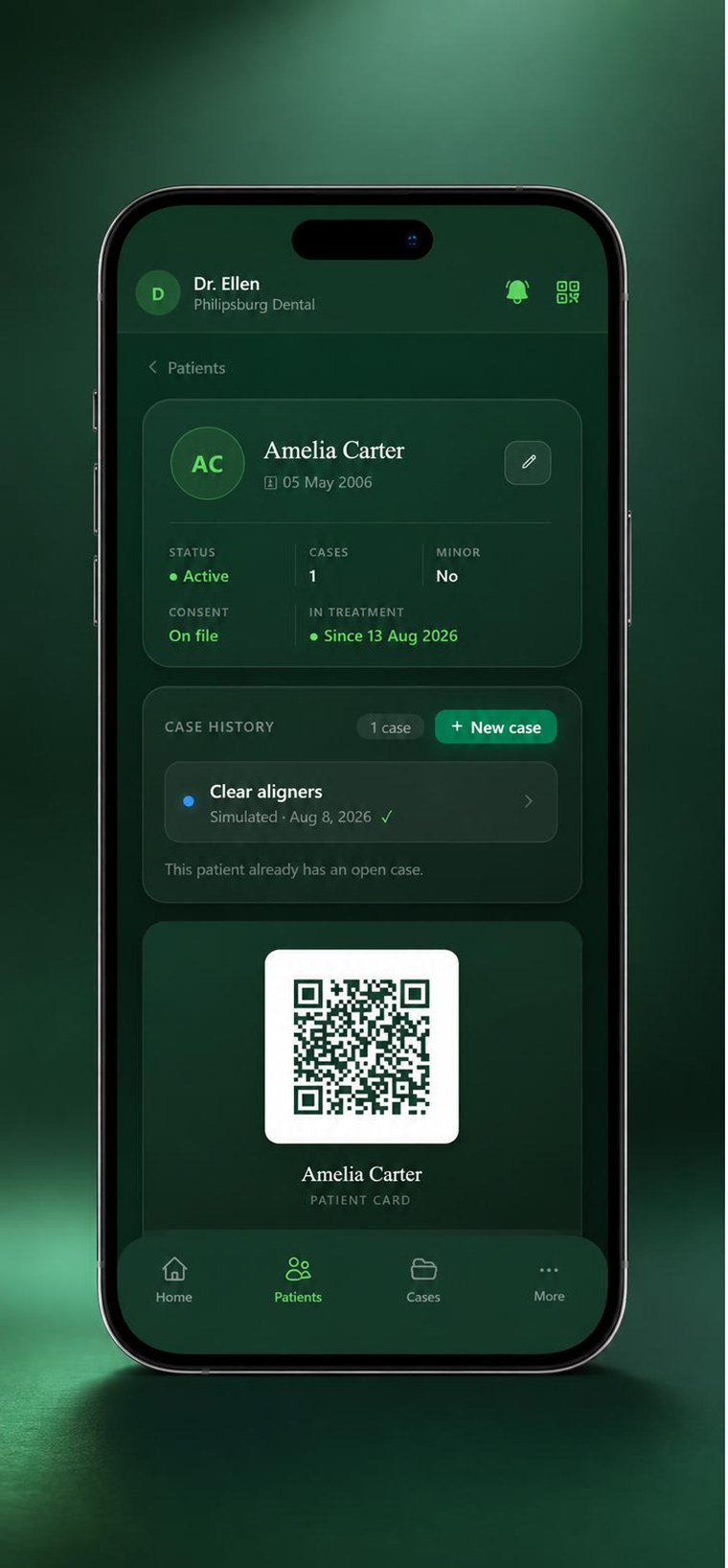A patient record with consent, case history and patient card