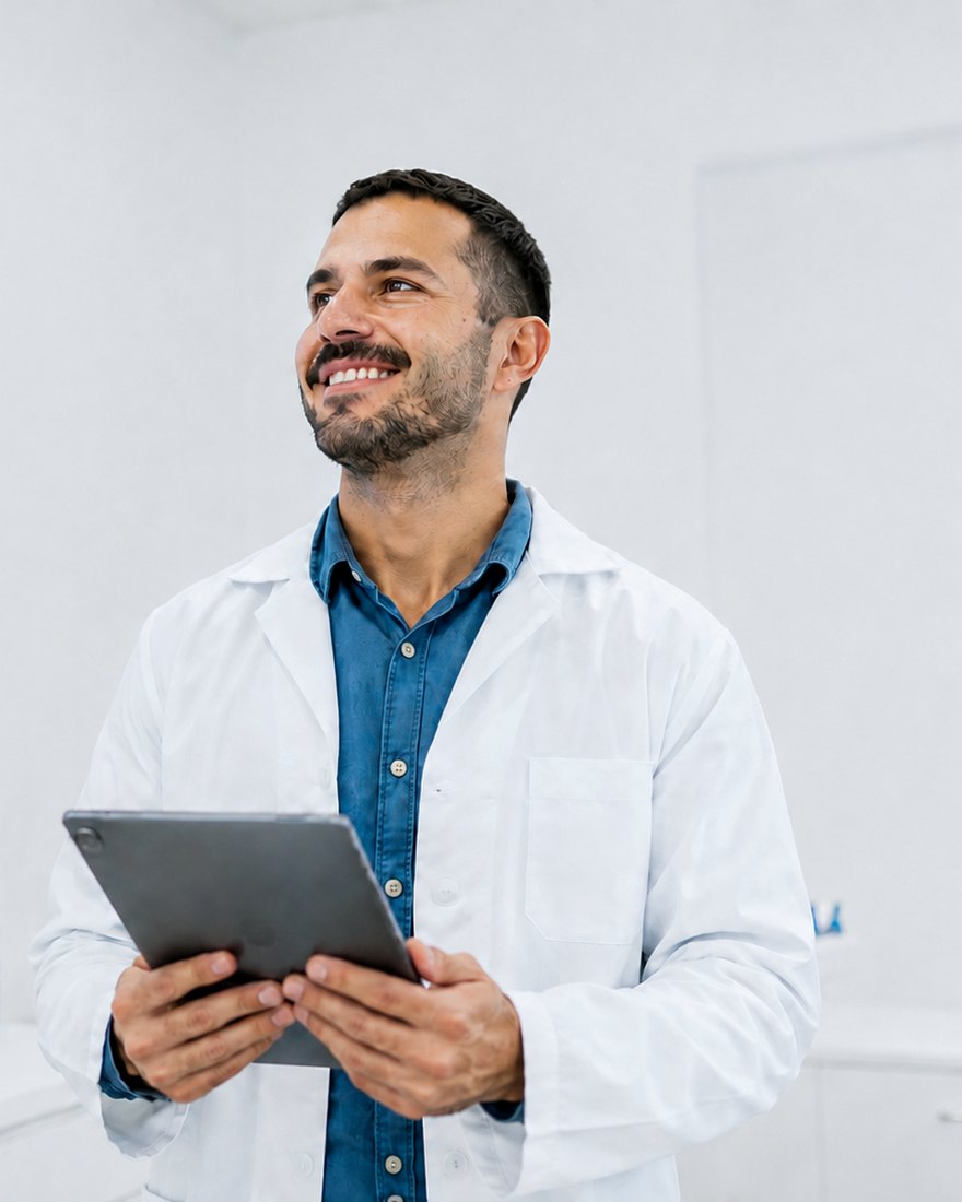 A dentist holding a tablet in a treatment room